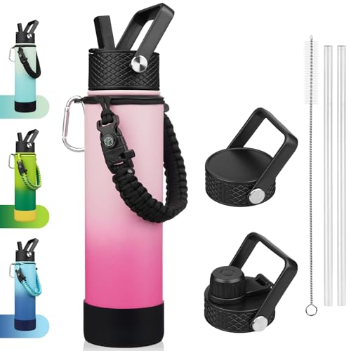 BJPKPK 27oz Insulated Water Bottles with 3 Lids, Paracord Handle & Non-slip Boot, Stainless Steel Metal Water Bottle with Straw, BPA Free Leak Proof Thermal Flasks, Tumblers,Cherry - color: Cherry, size: 27 Ounces