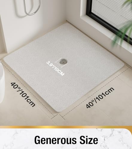 HITSLAM Square Shower Mat, 40 x 40 Inch Non Slip Bath Mat for Tub, Soft PVC Loofah Bathtub Mats with Drain Holes, Quick Drying Bathroom Stall Floor Mat, Bathroom Accessories Without Suction Cup, White - color: White, size: 40" x 40" (Square)