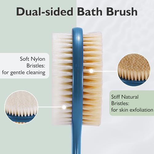 VANZAVANZU 17 Inch Anti-Slip Long Handle Back Scrubber for Shower – Dual-Sided Shower Brush and Shower Back Scrubber with Soft and Stiff Bristles for Wet or Dry Brushing (Navy Blue) - size: 17 in - Navy Blue