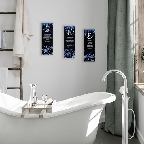 ZONWUTHY 3 Pcs Blue Silver Wall Decor Diamond Bedroom Decor For Women With Religious Black And Blue Bathroom Accessories Office Sign for Home Kitchen Office Wall Decoration 12x4 Inches - color: Blue