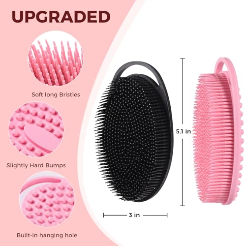 2 Pack Silicone Body Scrubber, Exfoliating Shower Scrubber for All Skin | 2 in 1 dual-sided design, soft bristles and massage bumps side, fast-drying, non-slip handle, for women and men, Black+Pink - color: Black&pink