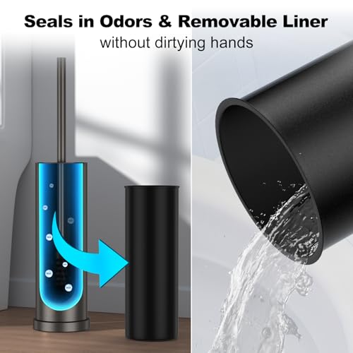 Pewter Toilet Brush and Holder Set，Stainless Steel Heavy Duty Toilet Bowl Brush，Extra Long Handled Modern Toilet Cleaner Brush with Replaceable Head, Removable Inner Bowl, and Splash Protection - color: Pewter, size: 1 Pack