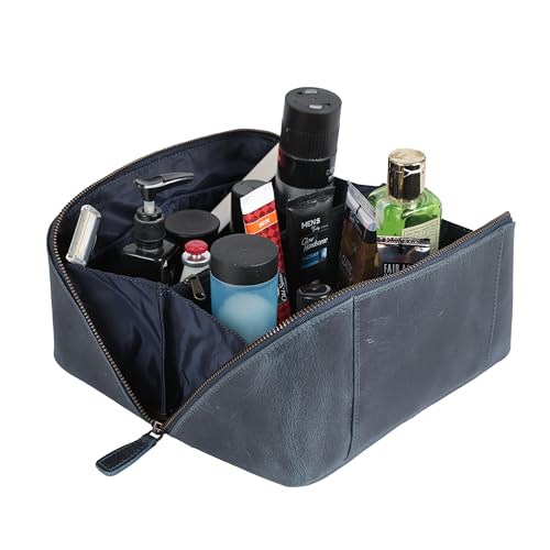 KomalC Luxury Leather Men’s Toiletry Travel Bag – Handmade Shaving Kit with Waterproof Interior, Spacious Storage & Carry Handle – leather travel Kit Bag for Men & Women (Blue) - color: Blue