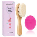 Baby Hair Brush, Goat Bristles Brush and Rose Red Baby Silicone Brush Set for Cradle Cap Wood Bristle Brush for Newborns and Toddlers (2 Piece) - color: Rose Red Baby Silicone Brush