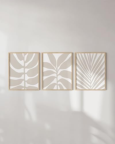 HAUS AND HUES Neutral Wall Decor - Set of 3 Minimalist Art, Boho Art Decor for Living Room, Frameable Botanical Prints (Beige Frame, 12x16) - color: Beige Leaves, size: 12"L x 16"W, style: Beige Framed