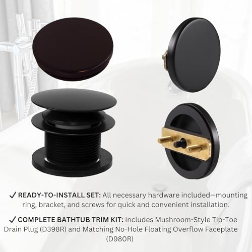 Westbrass A398RK-62 1-1/2" NPSM Coarse Thread Mushroom Tip-Toe Bathtub Drain Stopper with Illusionary Overflow Faceplate, Matte Black - color: Matte Black