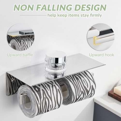 APLusee Double Toilet Paper Holder with Phone Shelf, 304 Stainless Steel Bathroom Tissue Hanger, Wall Mounted Dual Roll Paper Dispenser, Polished Chrome - color: Polished Chrome, size: Double Rod