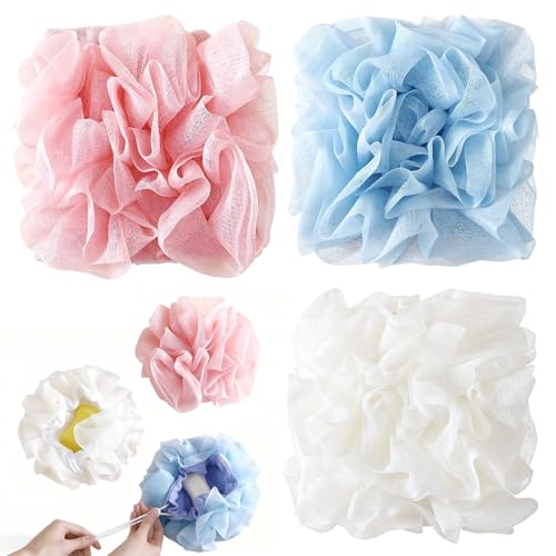 2 in 1 Loofah Sponges 3-Pack Dual-Sided Exfoliating Bath Sponges for Shower & Loofah Washcloth for Bar Soap Premium Body Scrubber with Drawstring for Gentle Skin Smoothing - Blue＆Pink＆Beige - style: Blue＆Pink＆Beige