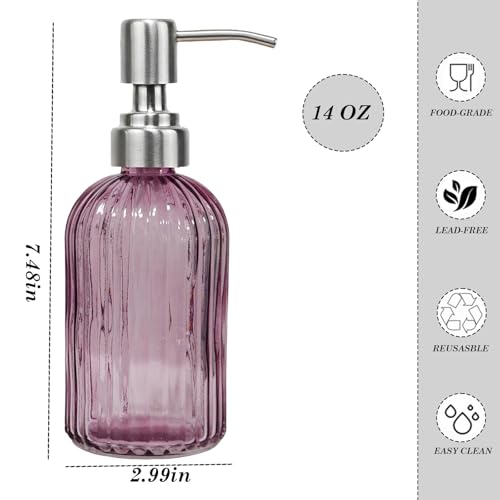 14Oz Purple Soap Dispenser Bathroom, Clear Glass Hand Soap Dispensers with Stainless Steel Pump, Refillable Dish Soap Dispenser for Kitchen, Countertop Soap Dispensers - color: Purple