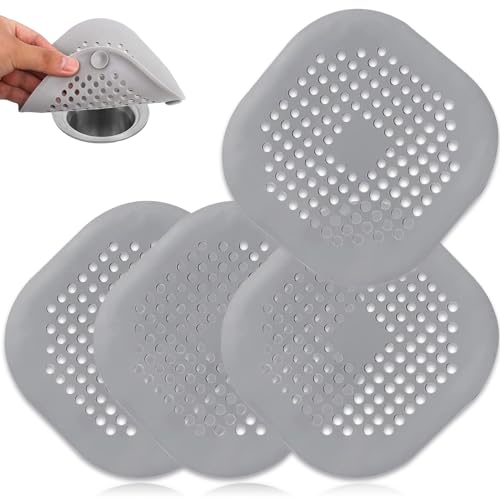 4 Pack Drain Hair Catcher Durable Silicone Hair Stopper Shower Drain Covers Easy to Install and Clean Suit for Bathroom Bathtub and Kitchen (Square Grey 4Pack) - color: Square Grey 4pack