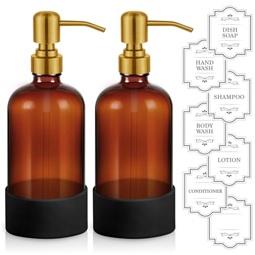 16 oz Hand and Dish Soap Dispenser Set for Kitchen and Bathroom, 500ml Amber Glass Soap Dispenser with Stainless Steel Golden Pump, Non-Slip Silicone Sleeves, Labels - 2 Pack - color: Amber With Golden Pump