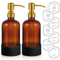 16 oz Hand and Dish Soap Dispenser Set for Kitchen and Bathroom, 500ml Amber Glass Soap Dispenser with Stainless Steel Golden Pump, Non-Slip Silicone Sleeves, Labels - 2 Pack - color: Amber With Golden Pump