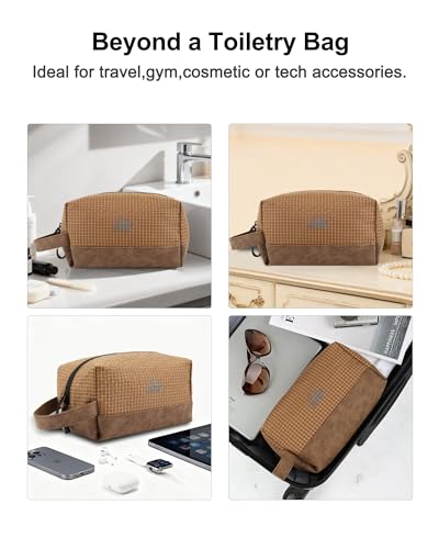 GOX Premium Plaid & Leather Travel Toiletry Bag with Reinforced Handles Cosmetic Organizer (9x5.1x5.1 inches) for Bathroom, Shaving, Makeup Essentials (Brown) - color: Brown