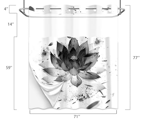 Lotus Hookless Shower Curtain with Snap in Liner, Black and White Japanese Anime No Hook Shower Curtain and Liner Set, Ringless with Window Waterproof Cloth Fabric, 71" W X 77" L - color: Ink, size: 71" W X 77" L (Pack of 1)