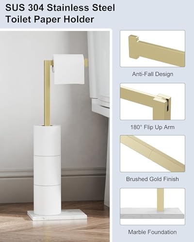 Toilet Paper Holder Stand Brushed Gold SUS 304 Stainless Steel Rustproof Free Standing 22 Inch Rotating Bathroom Tissue Roll Holder for 4 Rolls with Marble Base by HOMEMYSTIQUE - color: Brushed Gold