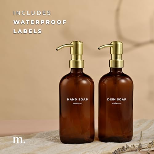 MaisoNovo Soap Dispenser 2-Piece Set | 16.9oz Amber Bottles with Gold Stainless Steel Pump Core - color: Amber/Gold