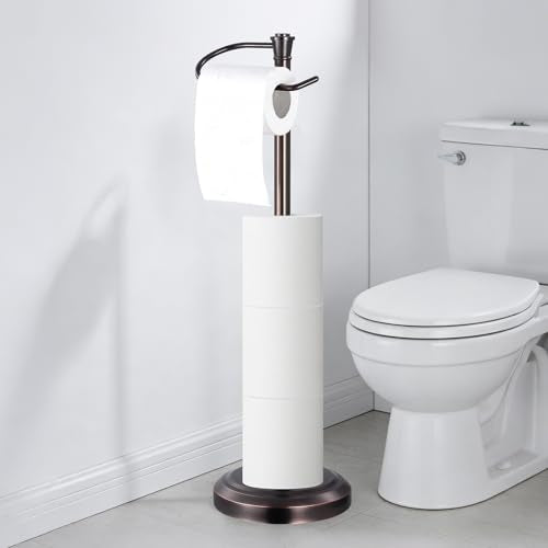 Bronze Toilet Paper Holder Free Standing, 25" H 304 Stainless Steel Toilet Paper Stand for Bathroom，Weighted Base Floor Tissue Roll Holder,Toilet Roll Stand - color: Bronze