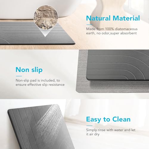 BAVIFY 32 * 20 Large Stone Drying Bath Mat for Bathroom Diatomaceous Earth Bath Mat Quick Dry Non Slip Absorbent Bathroom Floor Mat Modernized Water Absorbing Diatomite Shower Bath Mat Grey