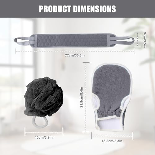 Back Scrubber Set, 3Pcs Bath Gloves and Shower Loofah Sponge for Body Scrub and Daily Shower Cleaning(Grey) - color: Grey
