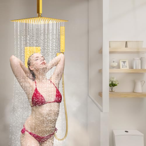 SunCleanse Rainfall Shower System Brushed Gold Ceiling Mounted Shower System Combo Set with High Pressure 12 Inches Square Rain Shower Head Handheld and Shower Faucet Rough-in Mixer Valve and Trim - color: Brushed Gold, style: 12-ceiling