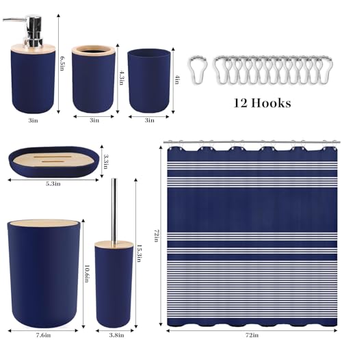 Britimes Bathroom Accessories Sets, Blue Shower Curtain Set with Trash Can, Soap Dispenser, Toilet Brush Holder, Toothbrush Holder and Toothbrush Cup for Bathroom Decor 72"*72" - color: Blue