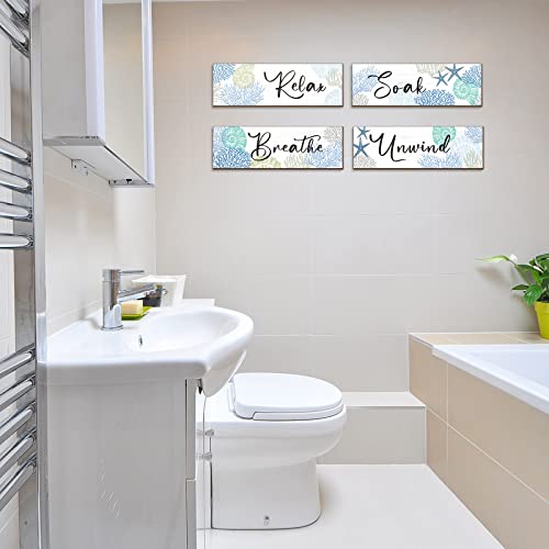 Pinkunn 4 Pcs 11 x 3.5 Inches Ocean Beach Bathroom Wall Decor Coastal Bathroom Decor Wood Relax Soak Unwind Breathe Wall Art Starfish Seashell Coral Nautical Art Rustic Farmhouse Wooden Signs