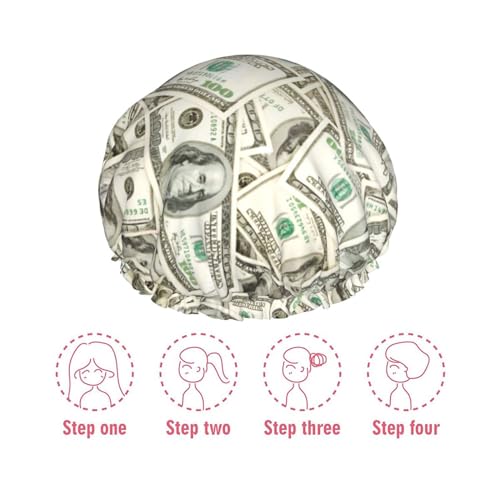 100 Dollar Money Shower Cap For Women Reusable Waterproof Double Layers Bath Cap Hair Protection Elastic Ladies Spa Salon Shower Hat - color: 100 Dollar Money