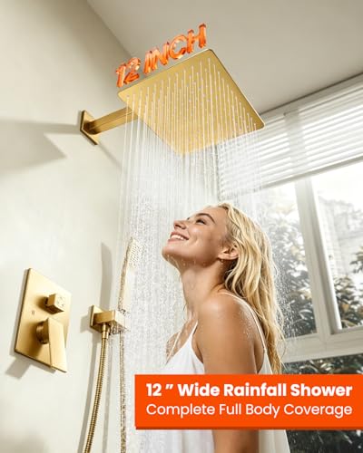gotonovo Shower System with Tub Spout,Waterfall Tub Shower Faucet Set for Bathroom Head and Handle Set Wall Mounted 3 Function Rough-in Valve and Trim Included 12 inch Shower Head Brushed Gold - color: Brushed Gold, size: 12 inch Shower Head