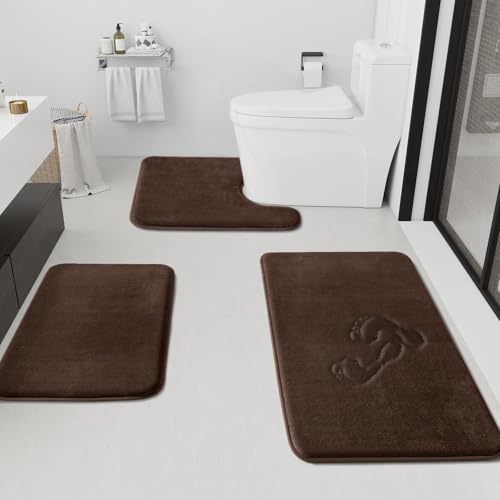 HUXMEYSON Bathroom Rugs Sets 3 Piece, Non-Slip & Quick Dry Bath Mat Set, Ultra Soft Velvet Bath Rugs for Bathroom, Toilet and Shower Floor, Brown - color: Brown, size: 17"x24"+20"x32"+U Shape 20"x24"