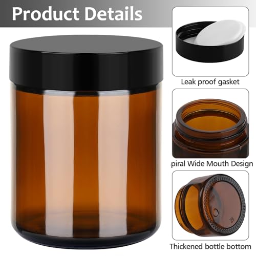 Accmor 8 oz Amber Glass Jars, 2 Pack Candle Jars with Black Lids & Inner Liners, 250g Wide Mouth Leak Proof Round Makeup Sample Containers for Storing Lotions, Creams, Honey, Candle, Jelly - color: Amber, size: 8 Ounce
