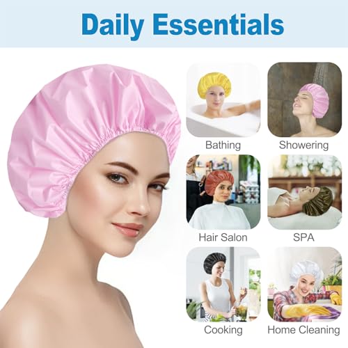 6 PCS Shower Caps for Women, Double Side Waterproof Shower Cap, Reusable Elastic Bath Caps for Shower, EVA Bathing Shower Caps, Bath Hair Caps - Black White Pink Yellow Brick Red Dark Green - color: Solid B - (Black White Pink Yellow Brick Red Dark Green)