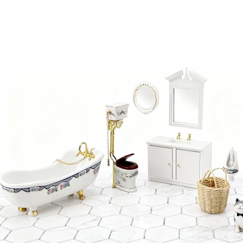 Dollhouse Bathroom Set 5PCS Miniature Porcelain Furniture 1/12 Victorian Dollhouse Furniture White Ceramic Toilet Bathtub Washbasins Decoration Accessory (Blue) - style: Blue