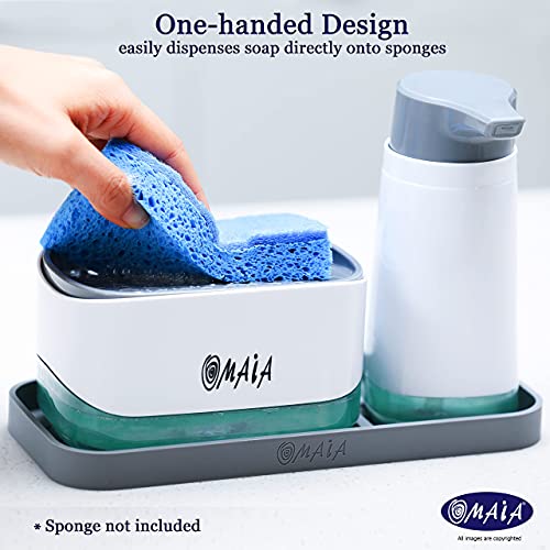 OMAIA 4-in-1 Dish Soap Dispenser Set with Sponge Holder and Liquid Hand Soap Dispenser and Silicone Tray - Countertop Organizer - Useful Kitchen Gadgets