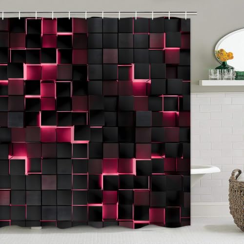 LQCOOL 4Pcs Pink Shower Curtain Set 3D Cubes Bathroom Sets Modern Shower Curtain Set for Bathroom Sets with Rugs Black and Pink Shower Curtain with 12 Hooks - color: Black Pink