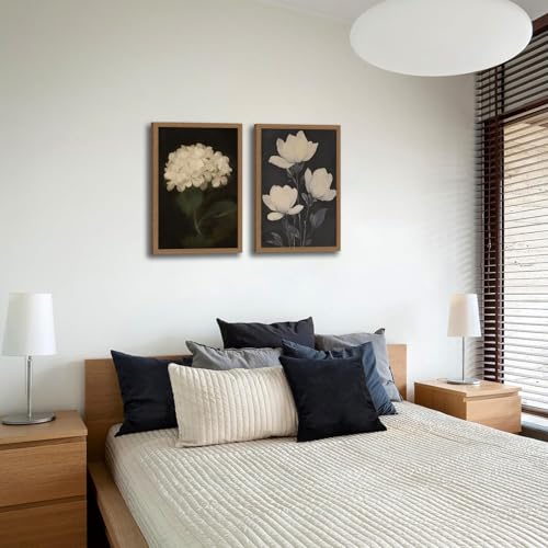 2Pcs Framed Wall Art Vintage White Hydrangea Oil Painting Canvas Prints Posters Pictures Wall Decor Aesthetic for Bedroom Bathroom Kitchen Shelves Office Decor 12x16 Inch Ready to Hang - color: Hydrangea, size: 12x16 inches