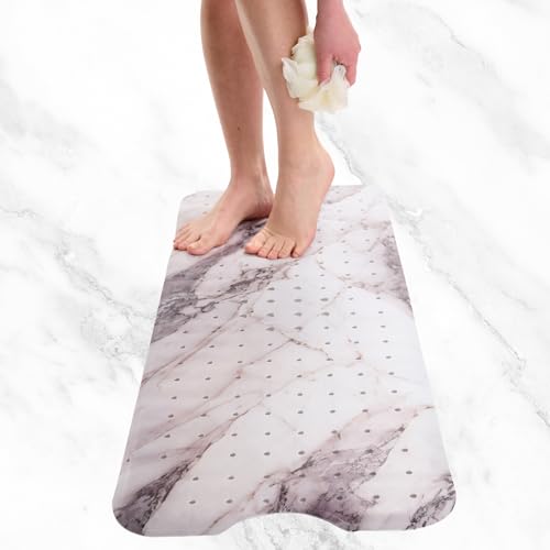 ENKOSI Bath Mat – Large 40 x 16 Inch Non-Slip Bathtub Mat with Suction Cups & Drain Holes – Extra Long Shower Mat for Tub with Marble Print Design (Grey Marble 40x16) - color: Marble Gray