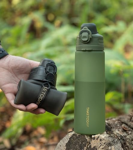 TakeToday Collapsible Water Bottles 21oz (600mL), Foldable Platinum Silicone Travel Water Bottle with Straw & Carry Strap, Leak-Resistant Screw Lid, Wide Mouth, BPA-Free for Hiking, Camping, Travel - color: Black&Jungle