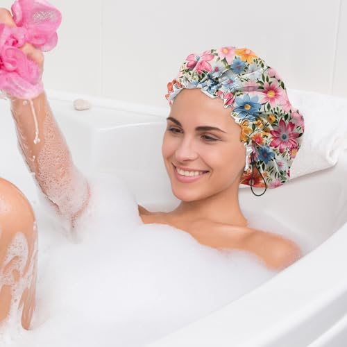 2 PCS Shower Cap Waterproof Double Layer Elastic Adjustable Reusable Hair Bath Caps for Girls Women Cute Aesthetic-Floral 1 - color: G11-Floral 1