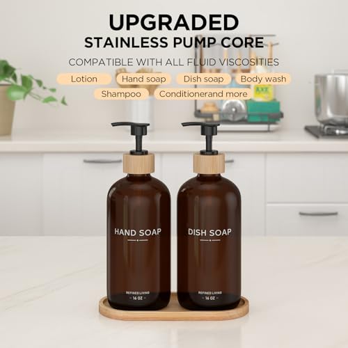 Hand and Dish Soap Dispenser Set,16oz Glass Bottles with Bamboo Pumps & Tray,Countertop Soap Dispensers for Kitchen,Luxury, Minimalist & Farmhouse Decor - color: Hand Dish (Amber)