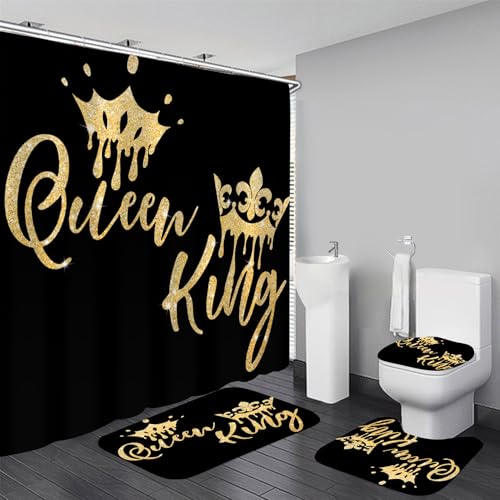 AZHM Queen and King Shower Curtain Set for Bathroom 4 Pcs Black Bathroom Accessory Decor Sets with Shower Curtain and Rugs - color: Black Gold