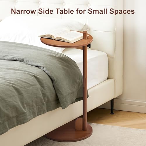 Bamboo C Shaped Side End Table 18–26" Height Adjustable for Sofa | Round Slide Under Couch TV & Snack Tray, Mid Century Modern Laptop Desk for Small Spaces Living Room Bedroom Bedside - color: Walnut