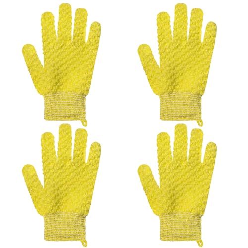 Exfoliating Bath Gloves 2 Pairs - Heavy Texture Body Scrub Gloves for Shower, Spa, Massage and Body Scrubs, Dead Skin Remover, Washing Gloves with Hanging Loop(Yellow) - color: Yellow