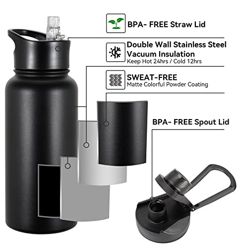 32 oz Insulated Water Bottle Bulk 8 Pack, Stainless Steel Sports Water Bottles with Straw Lid & Wide Mouth Lids, Double Walled Vacuum, Leak Proof, Black - color: Black, size: 32 Ounces-8