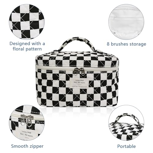 Gosect Large Makeup Bag, Cute Cosmetic Bag for Women Girls, Floral Coquette Aesthetic Toiletry Bag, Travel Make Up Organizer Bag (Black Checkered) - color: 079Black Checkered