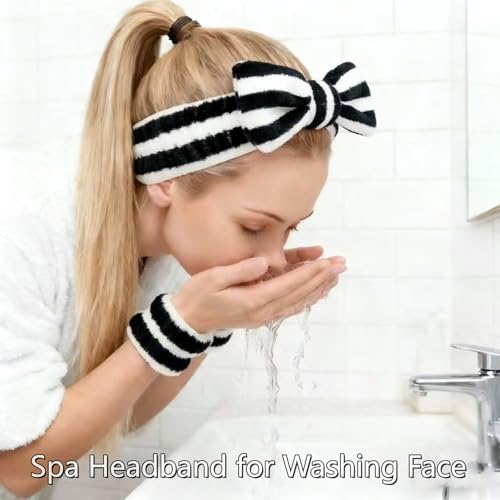 7 Pcs Spa Set, Facial Headband and Wristband Set, Skincare Accessories, College Style Girl Gift, Hair Accessories for Women and Girls（Black White Stripe ） - color: Black White Stripe