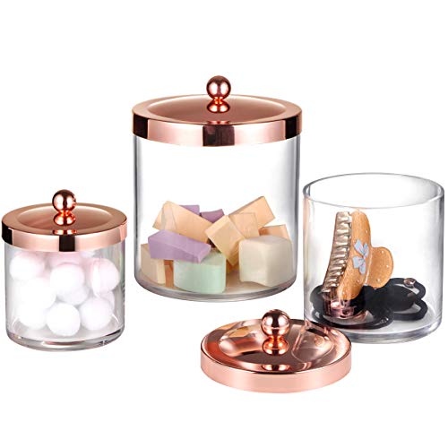 SheeChung 3-Pack Plastic Apothecary Jars with Rose Gold Metal Lids - Large 50oz, 25oz & 15oz Acrylic Storage Set - Shatterproof Laundry Room & Bathroom Organizer - Modern Minimalist Chic Decor - color: Rose Gold, size: 50 oz & 25 oz & 15 oz