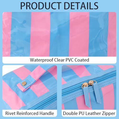DYSHAYEN Stripe Travel Makeup Bag with Compartments Clear Coated Cosmetic Bag for Women, Waterproof Portable Open Flat Toiletry bag （Blue-Pink） - color: Blue-Pink