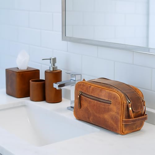 KomalC Travel Toiletry Bag – Premium Leather Dopp Kit for Men & Women with Water-Resistant Lining & Spacious Zippered Organizer - style: 1 Zip Classic Tan