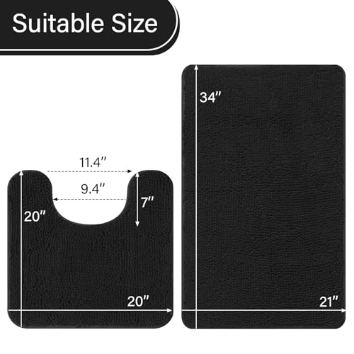 LOCHAS Bathroom Rugs Sets 2 Piece, Soft Non Slip Bath Mat Set, 20''x20'' U-Shaped Toilet Rug and 34''x21'' Black Bath Rugs, Washable Absorbent Chenille Toilet Rug Set for Bathroom, Shower, Sink - color: Black