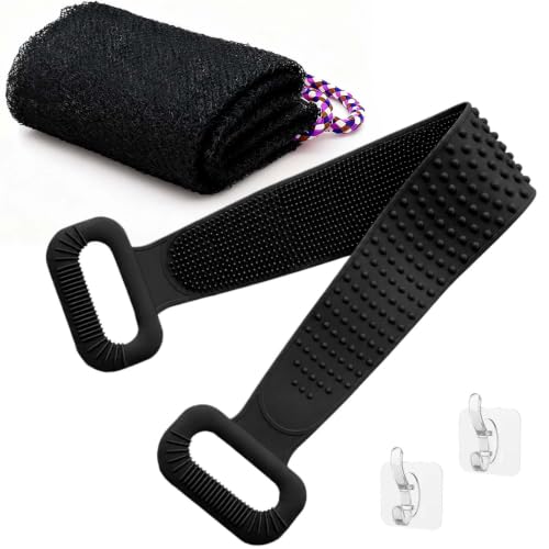 Manmihealth Silicone Back Scrubber for Shower & African Net Sponge Net Set, 36'' Dual-Sided Back Washer & African Long Bath Sponge, Extendable Long Silicone Body Brush(Black+Black) - color: Black+black